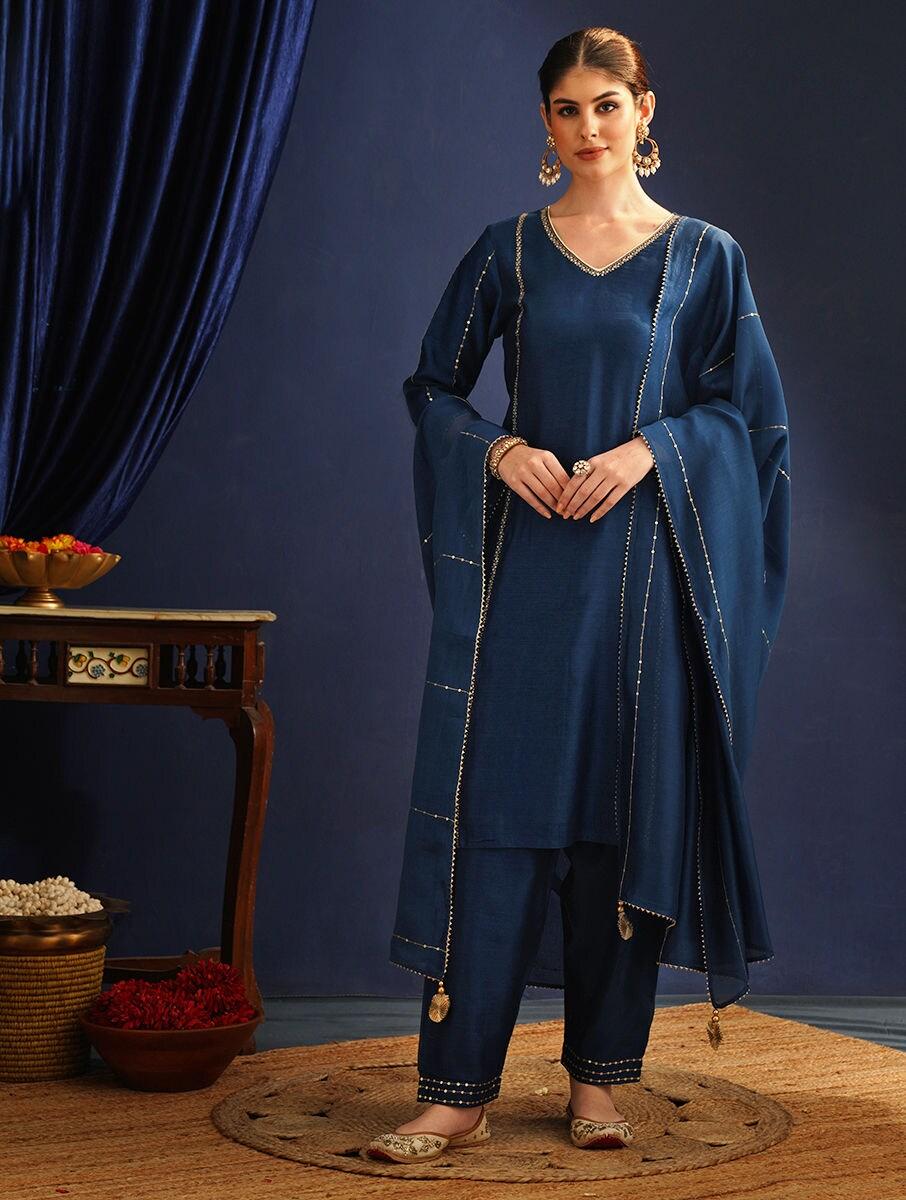 women blue chanderi silk hand embroidery round neck straight regular kurta, salwar & dupatta