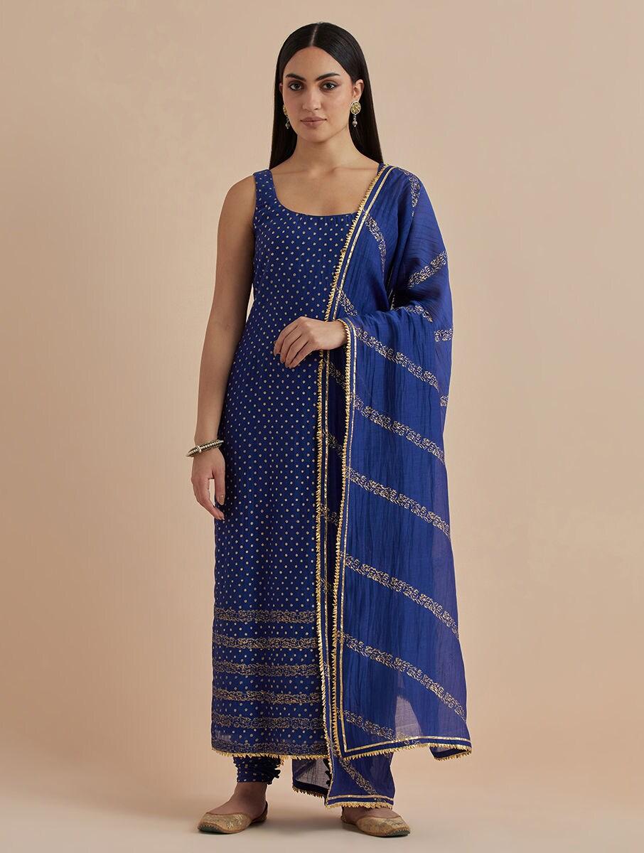 women blue chanderi silk printed scoop neck straight kurta , churidar & dupatta