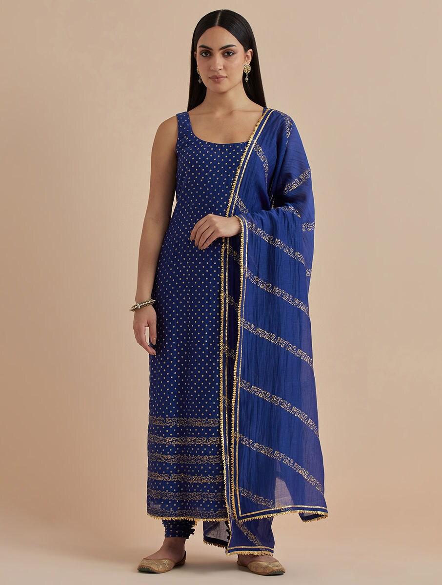 women blue chanderi silk printed scoop neck straight kurta with churidar