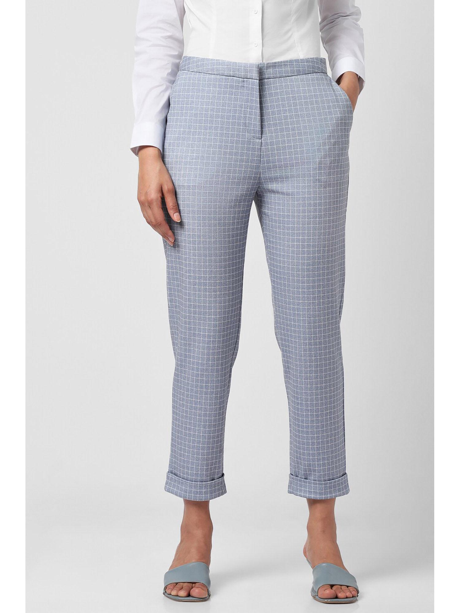 women blue check formal regular fit trousers