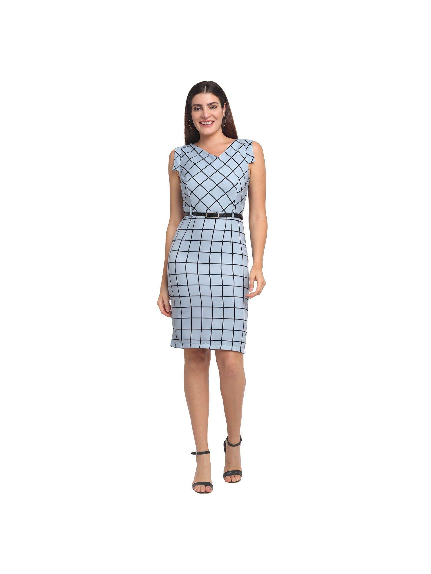 women blue check v neck dress with belt (set of 2)