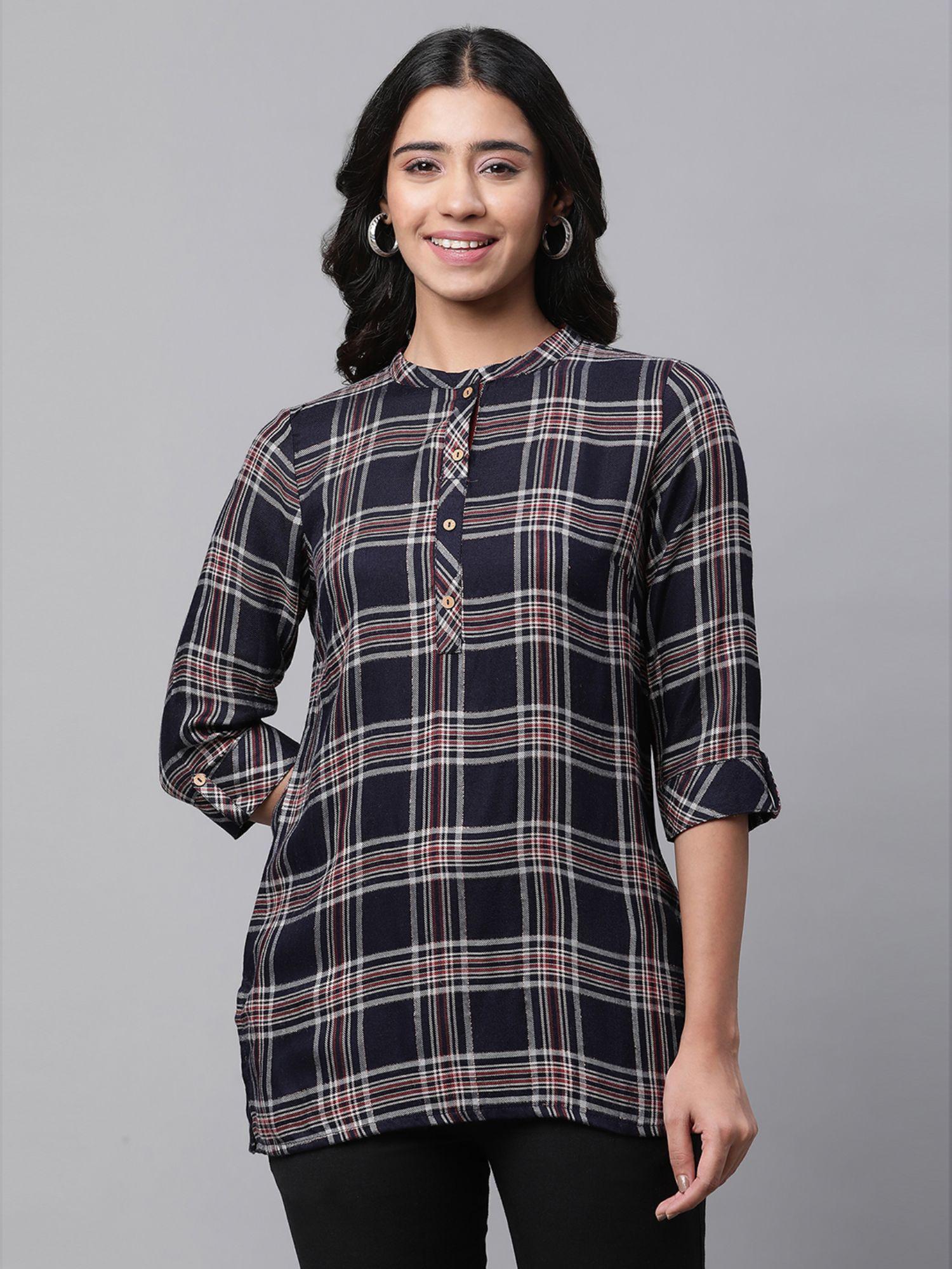 women blue checks three fourth sleeves mandarin neck kurti