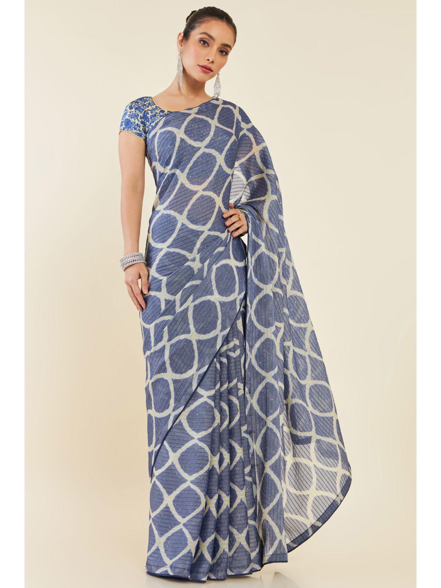 women blue chiffon printed saree with unstitched blouse