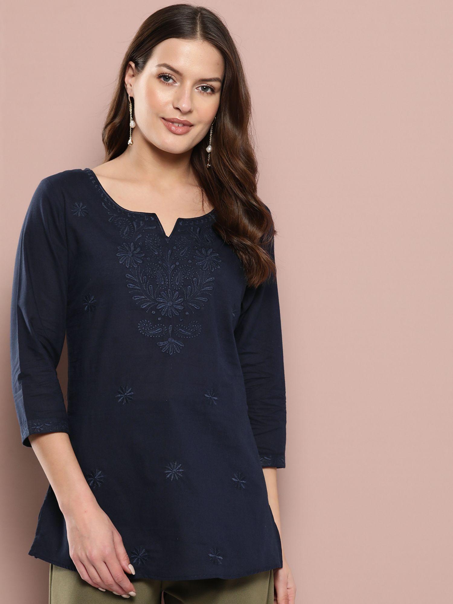 women blue chikankari regular top