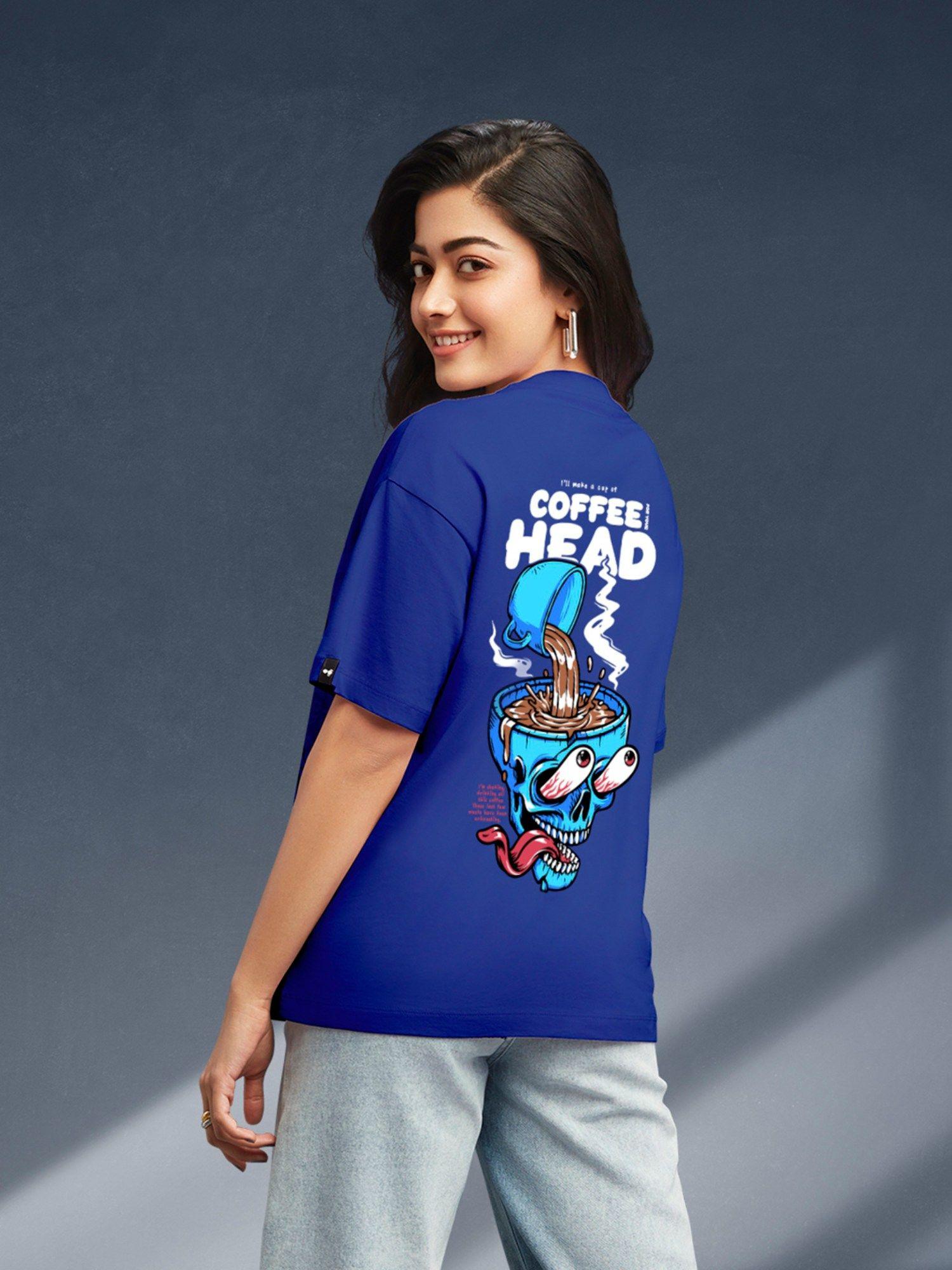 women blue coffee head graphic printed oversized t-shirt