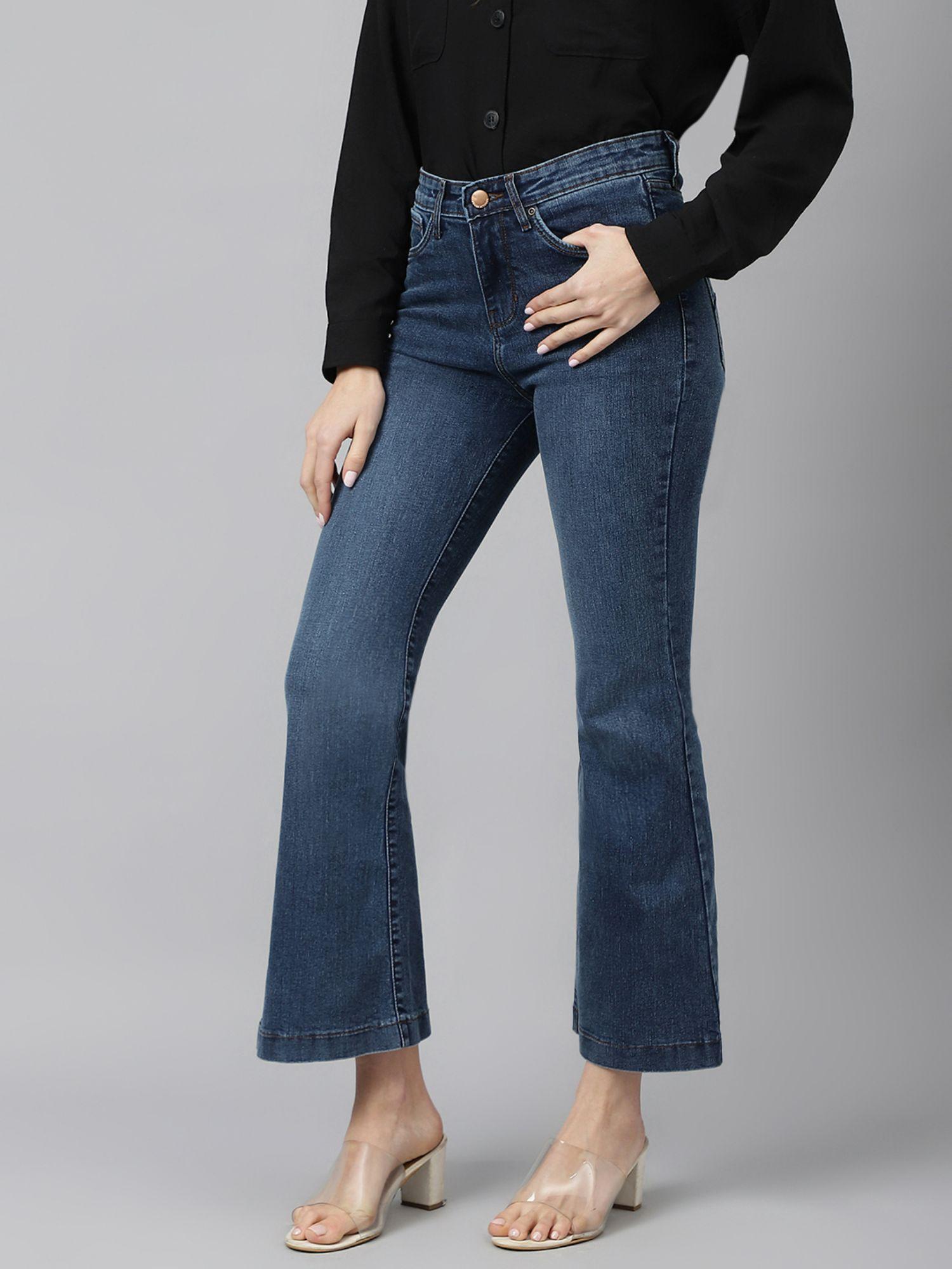 women blue comfort flared high-rise light fade stretchable jeans