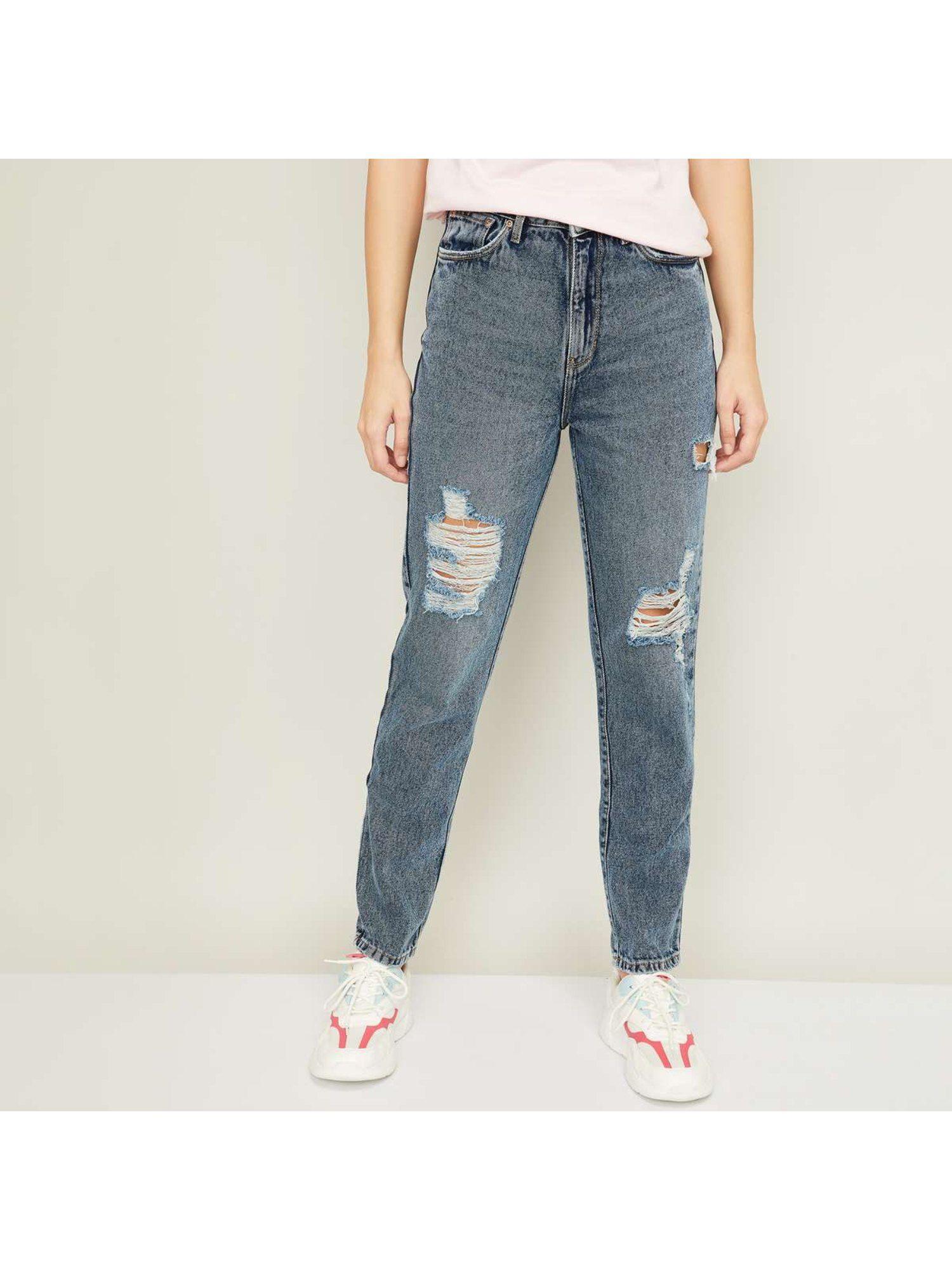 women blue comfort high-rise highly distressed heavy fade non stretchable jeans