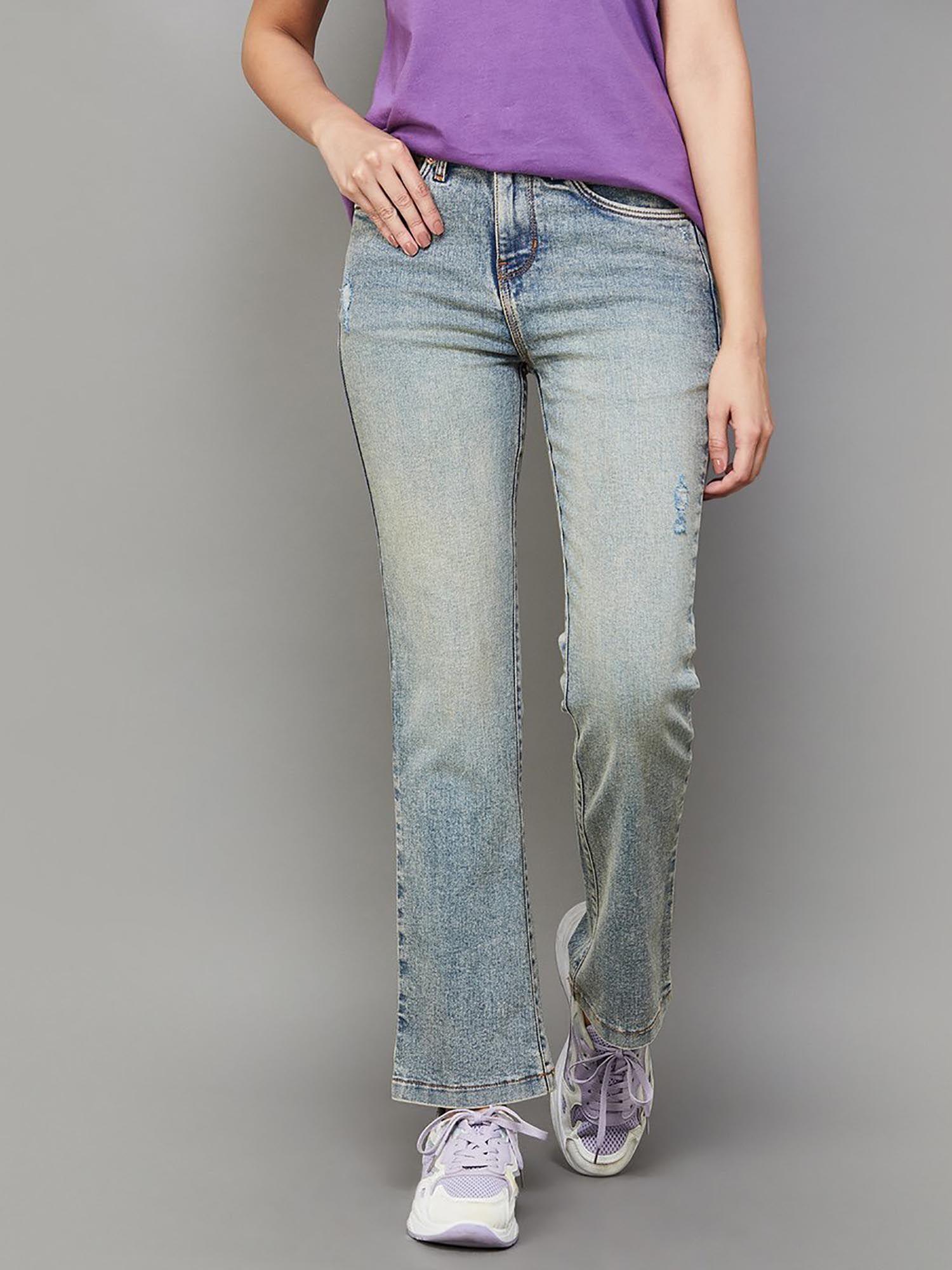 women blue comfort low distress straight fit high-rise stretchable jeans