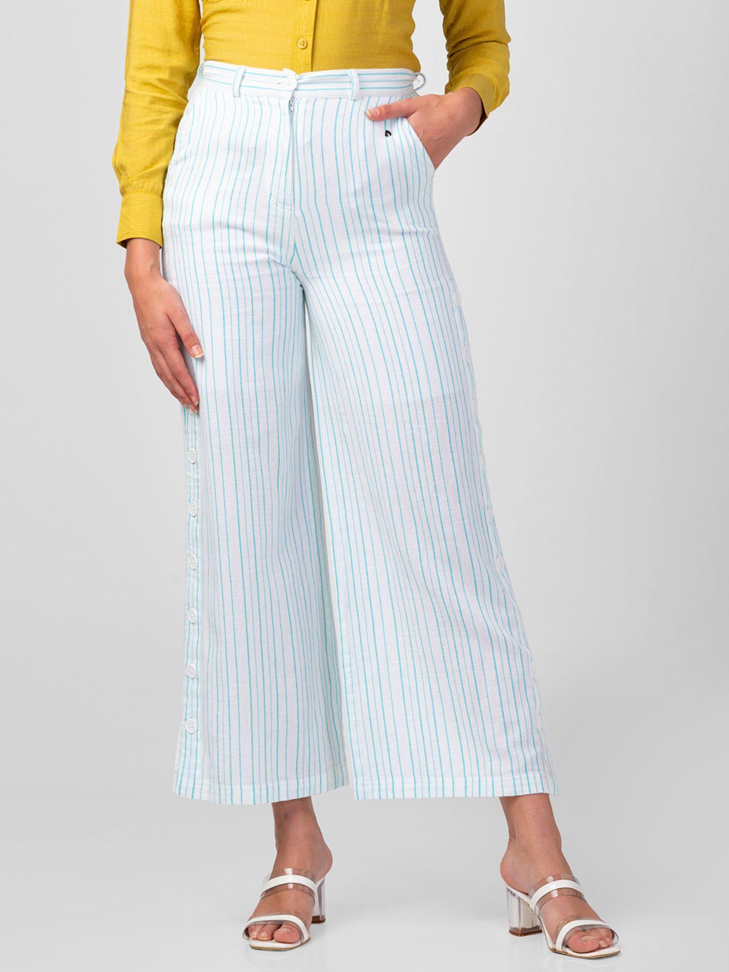 women blue cotton blend bootcut fit ankle length striped pant