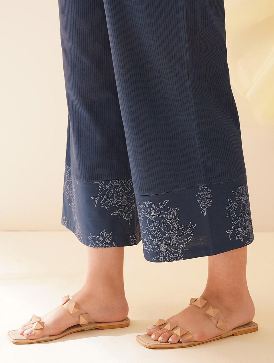 women blue cotton block print ankle length palazzo