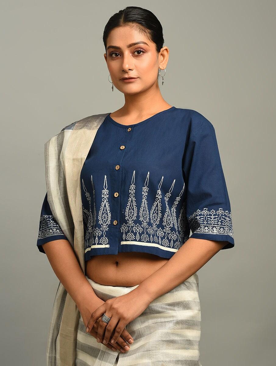 women blue cotton block print saree blouses