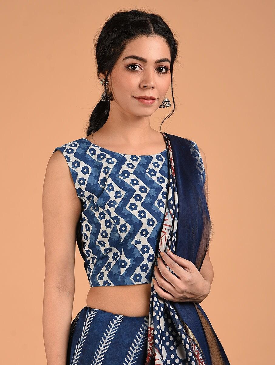 women blue cotton dabu saree blouses