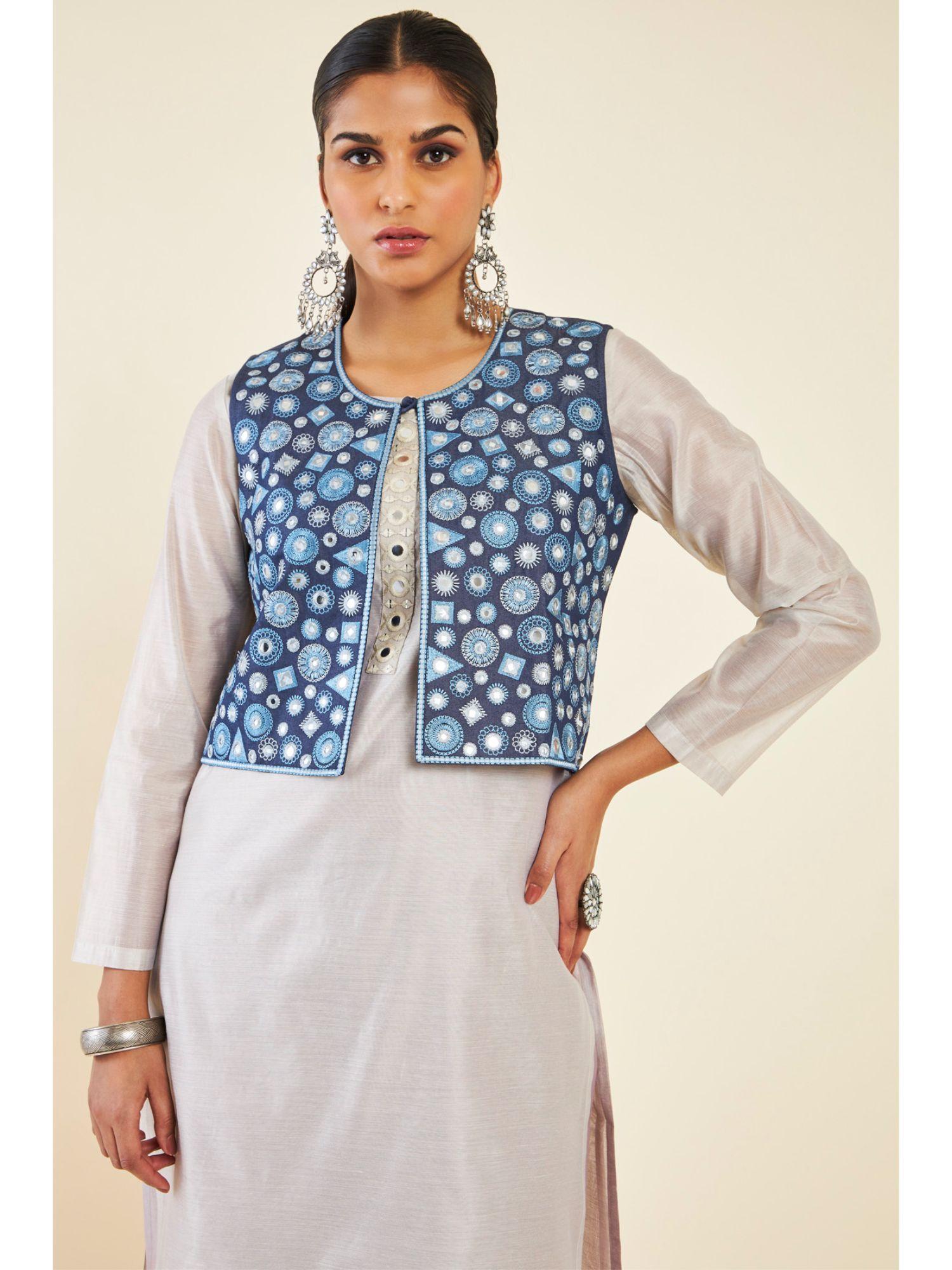 women blue cotton embroidered jacket