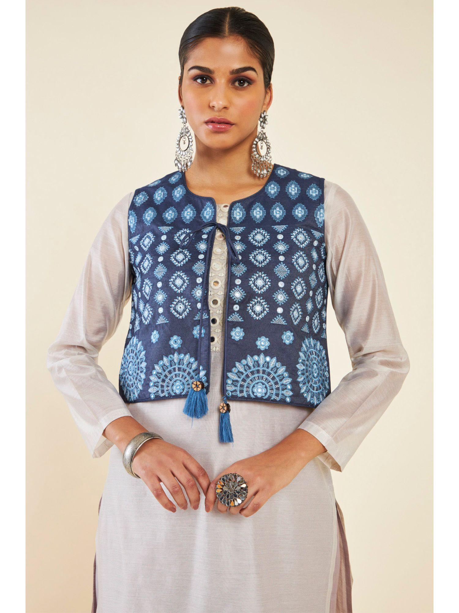 women blue cotton embroidered jacket