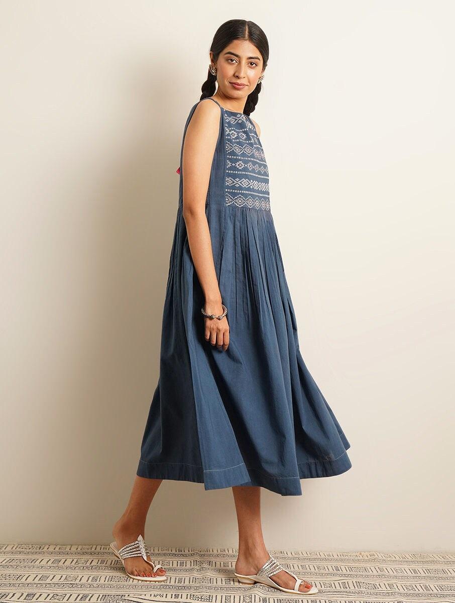 women blue cotton embroidered round neck loose fit dresses