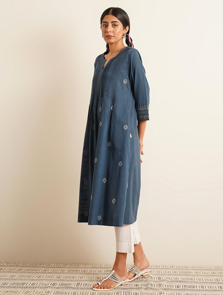 women blue cotton embroidered round neck regular fit dresses