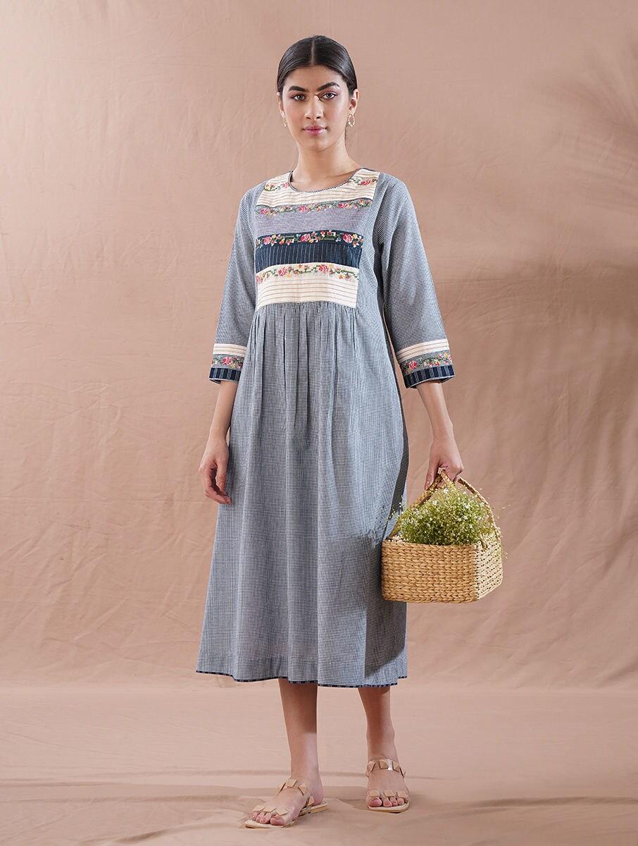 women blue cotton embroidered round neck regular fit dresses