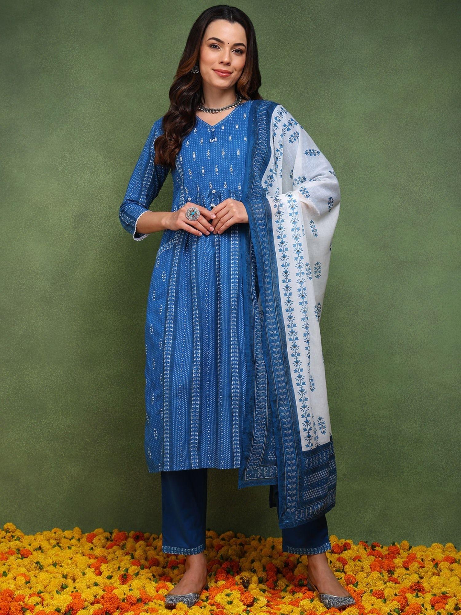 women blue cotton ethnic printed straight kurta with pant and dupatta (set of 3)