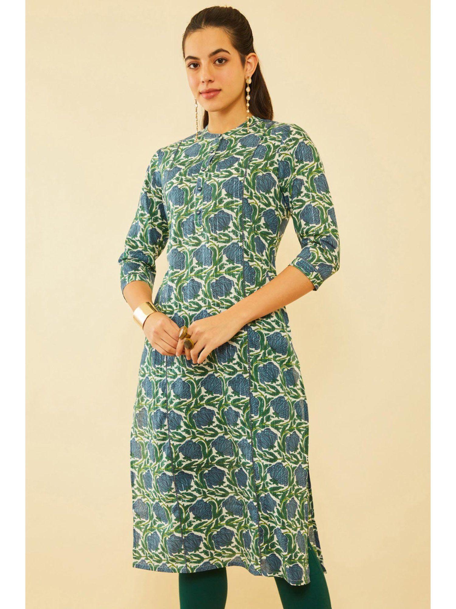 women blue cotton floral print kurta