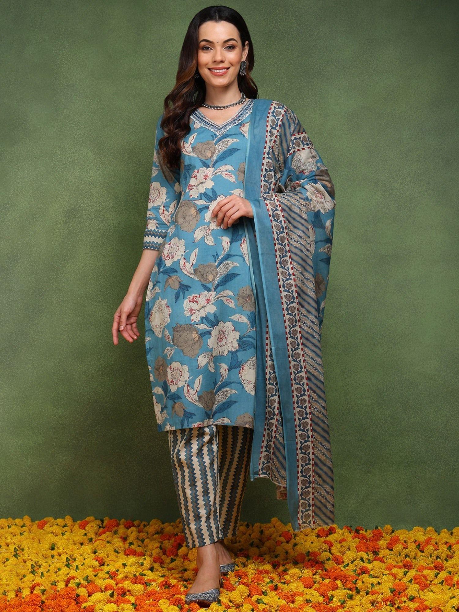 women blue cotton floral printed straight kurta with pant and dupatta (set of 3)
