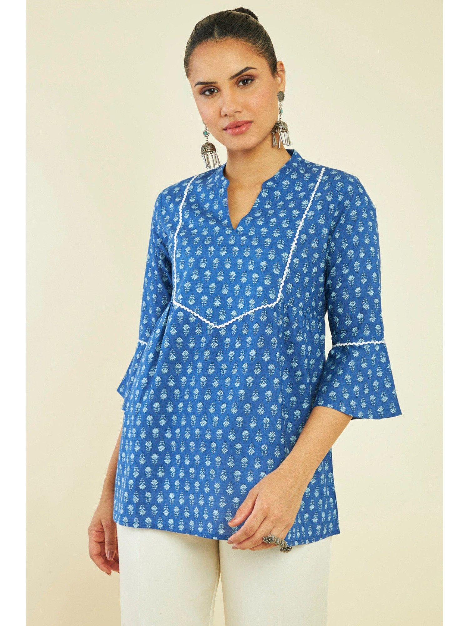 women blue cotton floral tunic