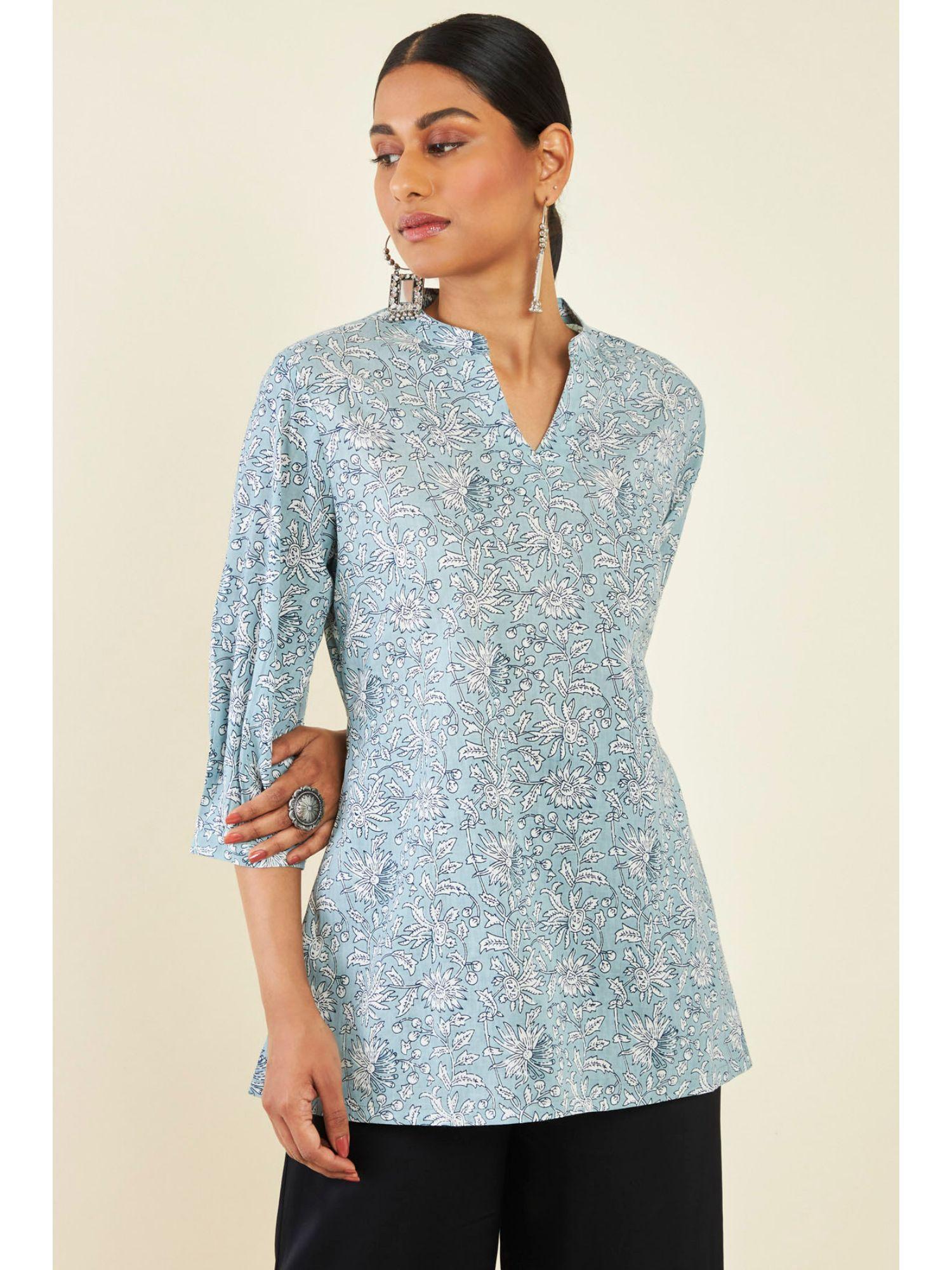 women blue cotton floral tunic