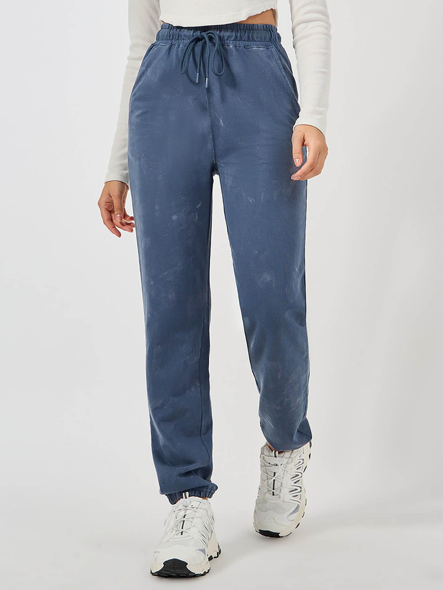 women blue cotton high rise washed joggers