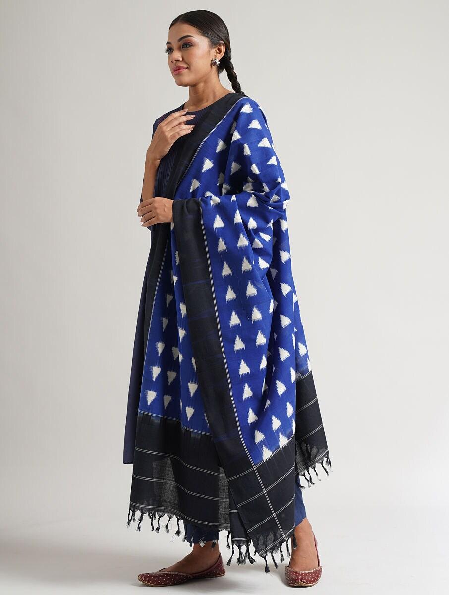 women blue cotton ikat dupatta