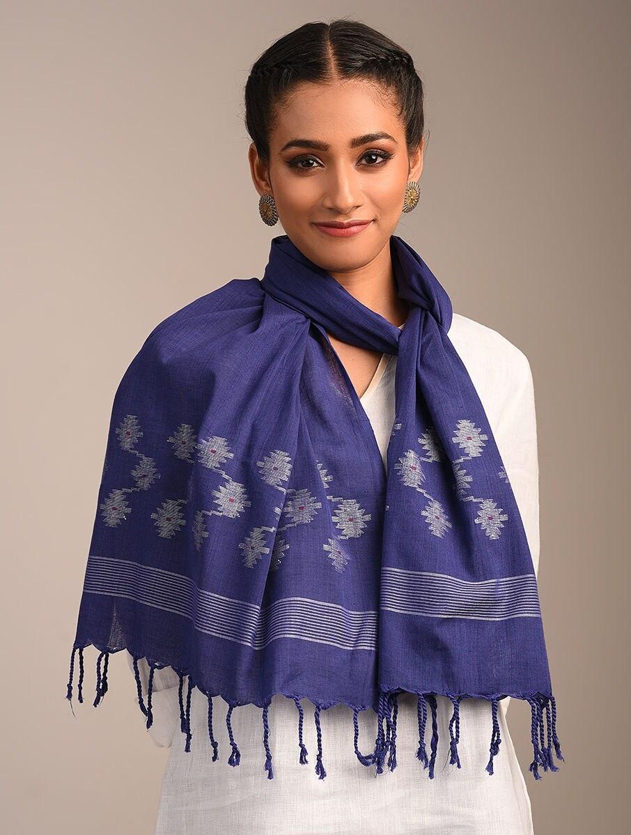 women blue cotton jamdani stoles