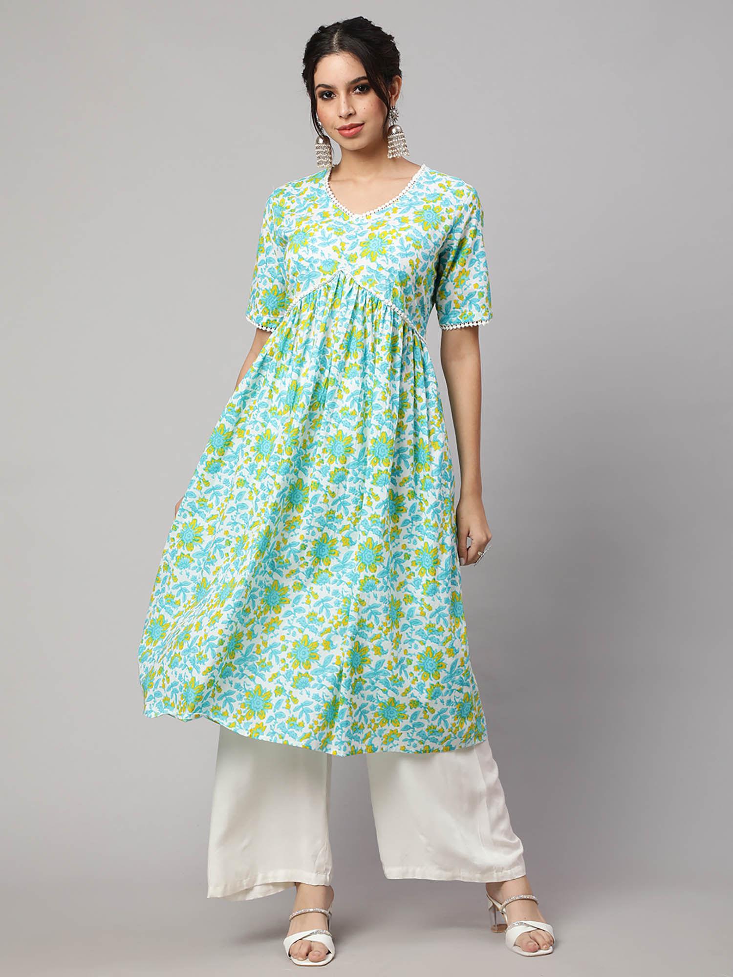 women blue cotton printed calf length flared kurta