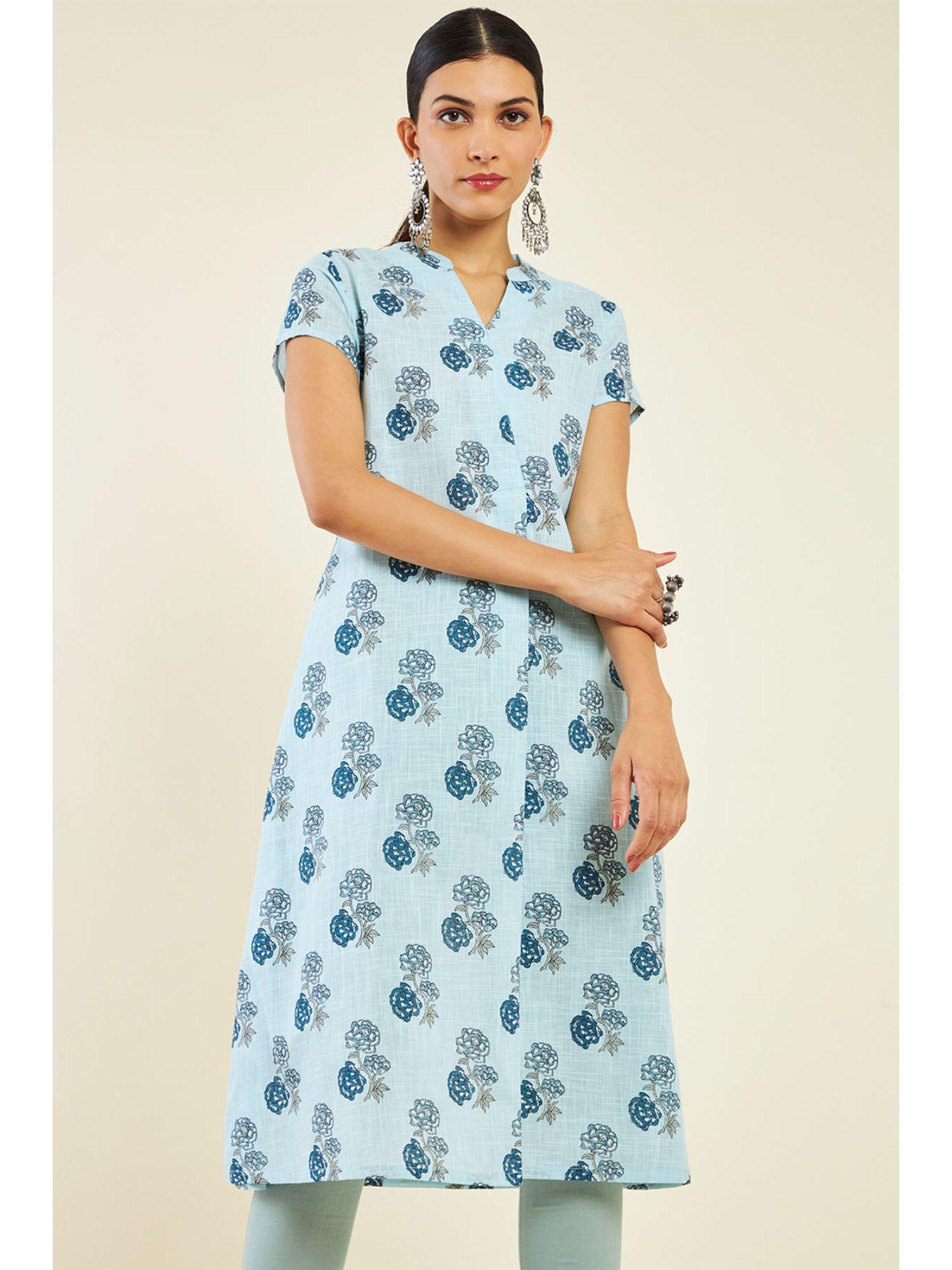 women blue cotton printed kurta