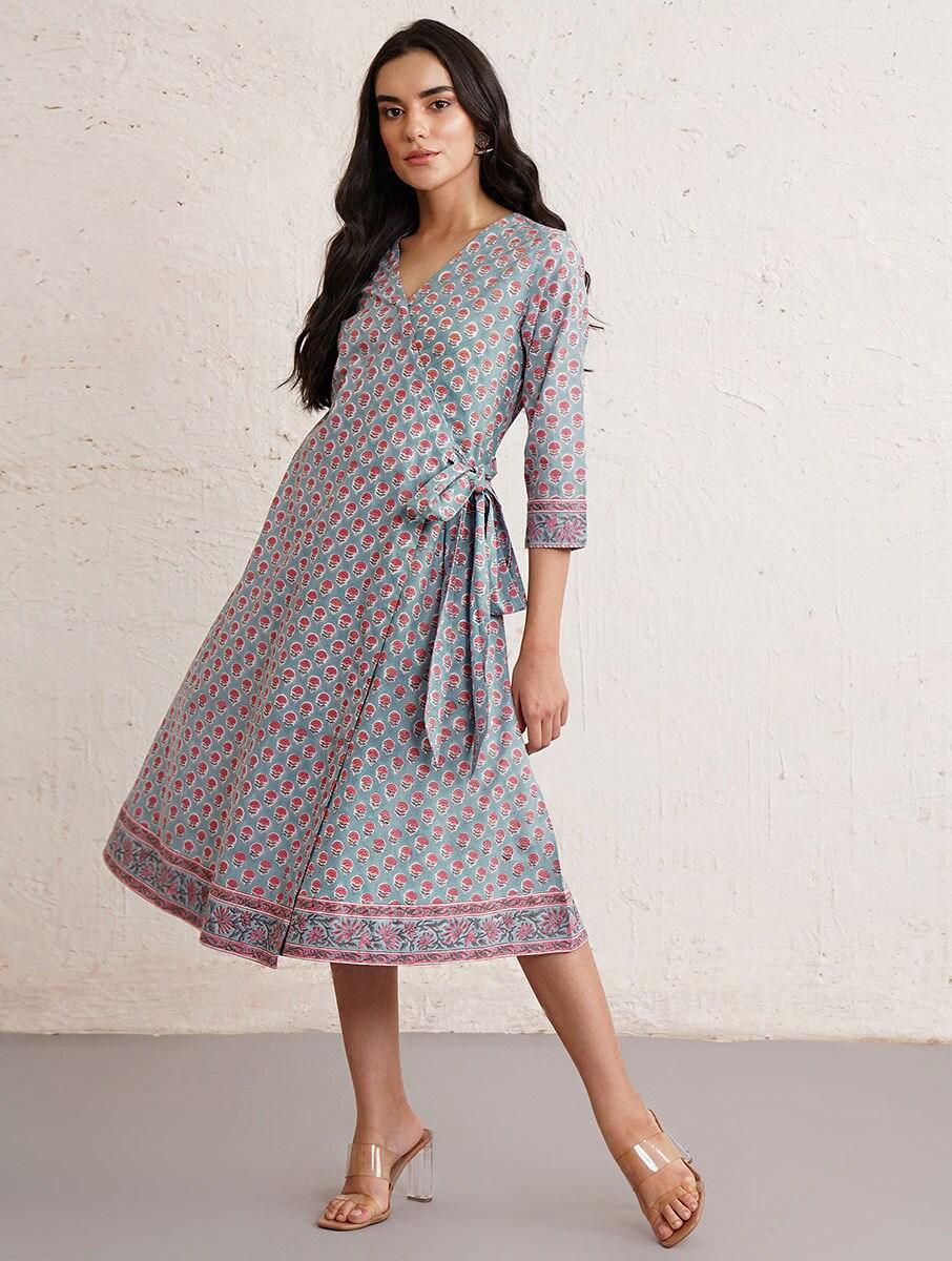 women blue cotton printed round neck loose fit dresses