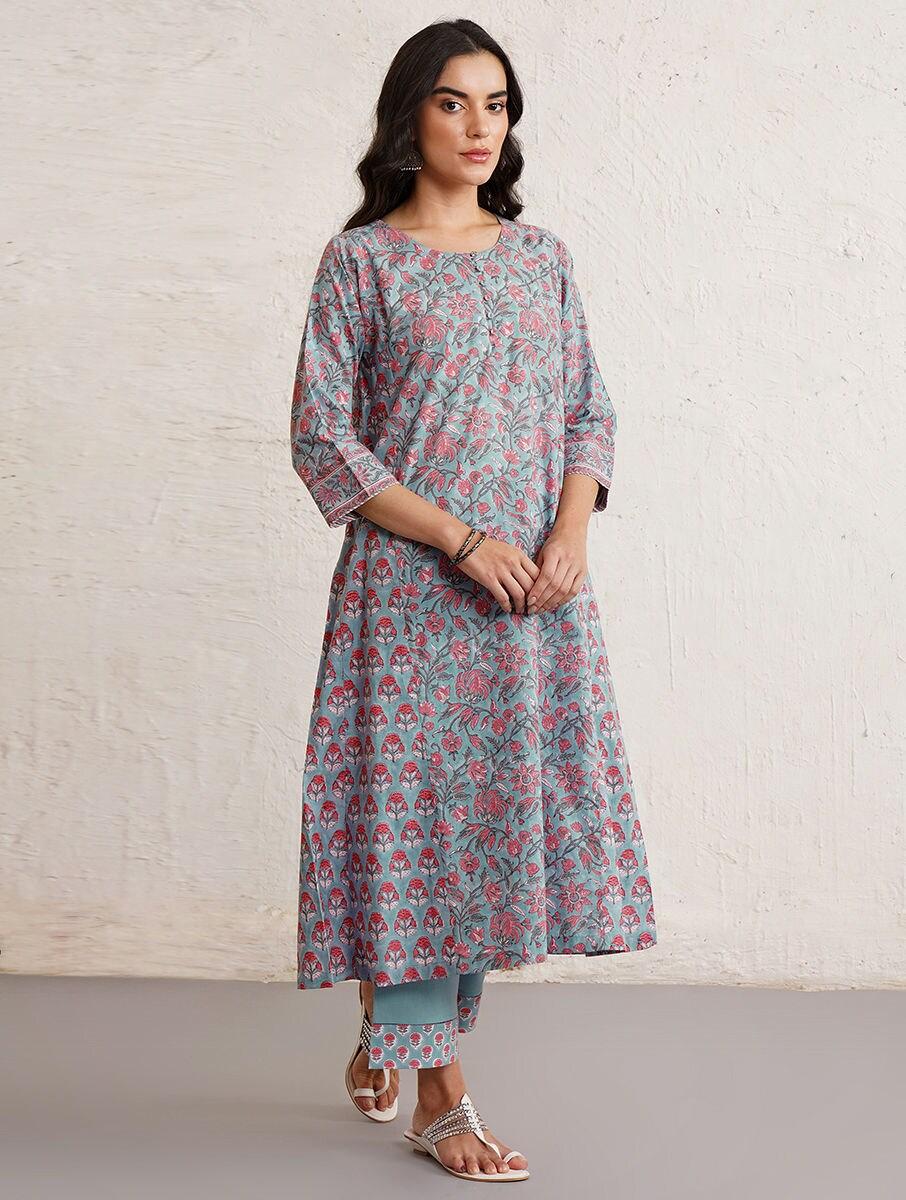 women blue cotton printed round neck regular fit kurta