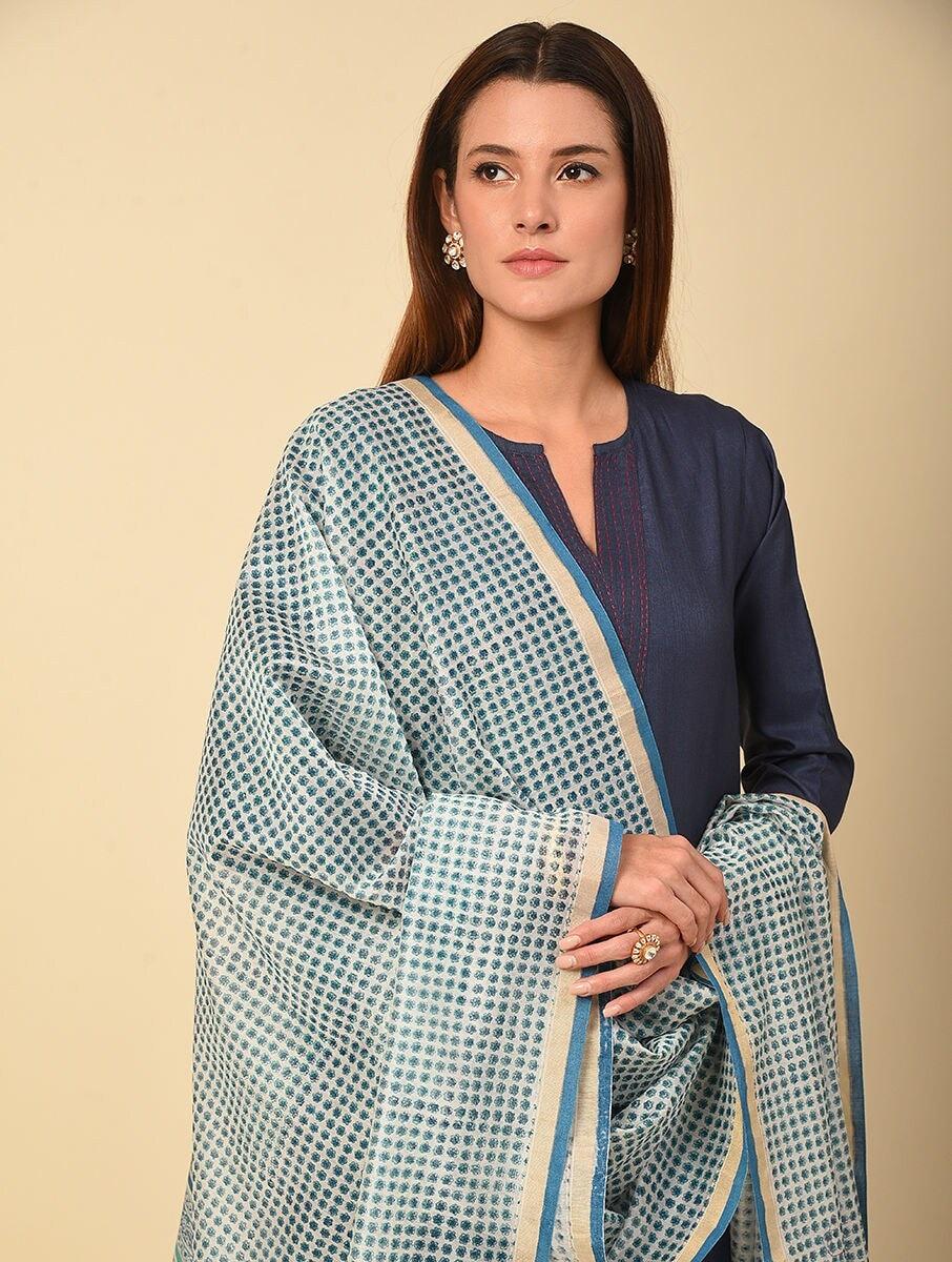 women blue cotton silk block print dupatta