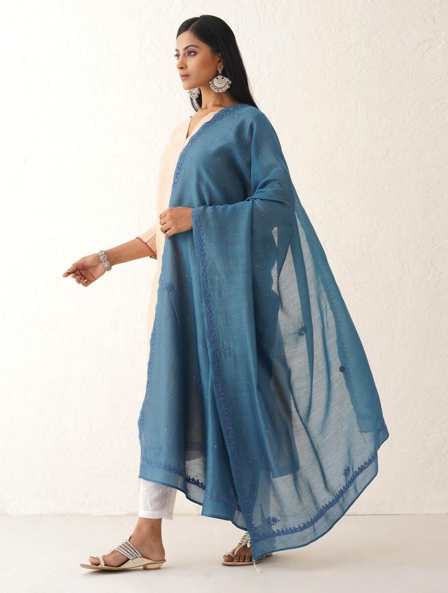 women blue cotton silk chikankari dupatta