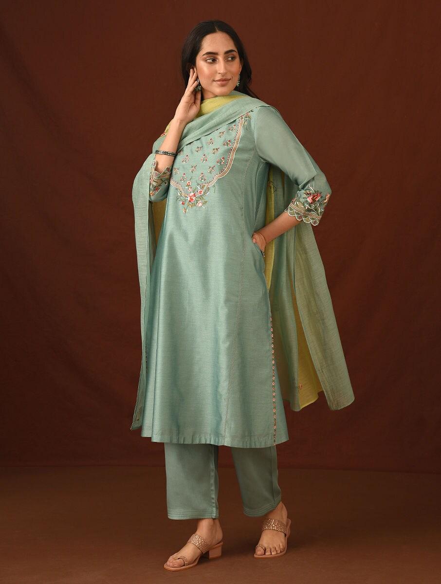 women blue cotton silk round neck straight kurta and pants