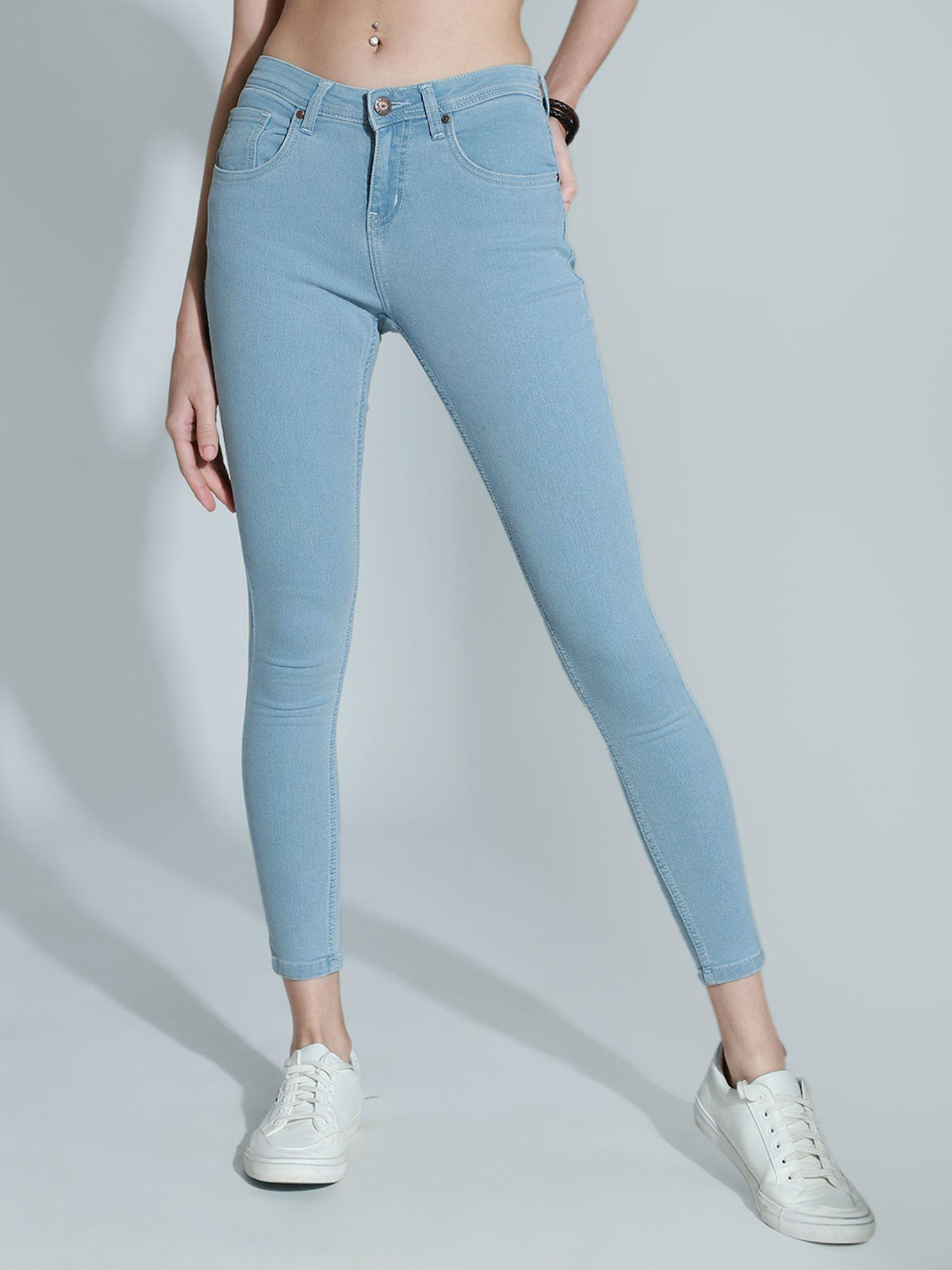 women blue cotton slim fit high rise jeans