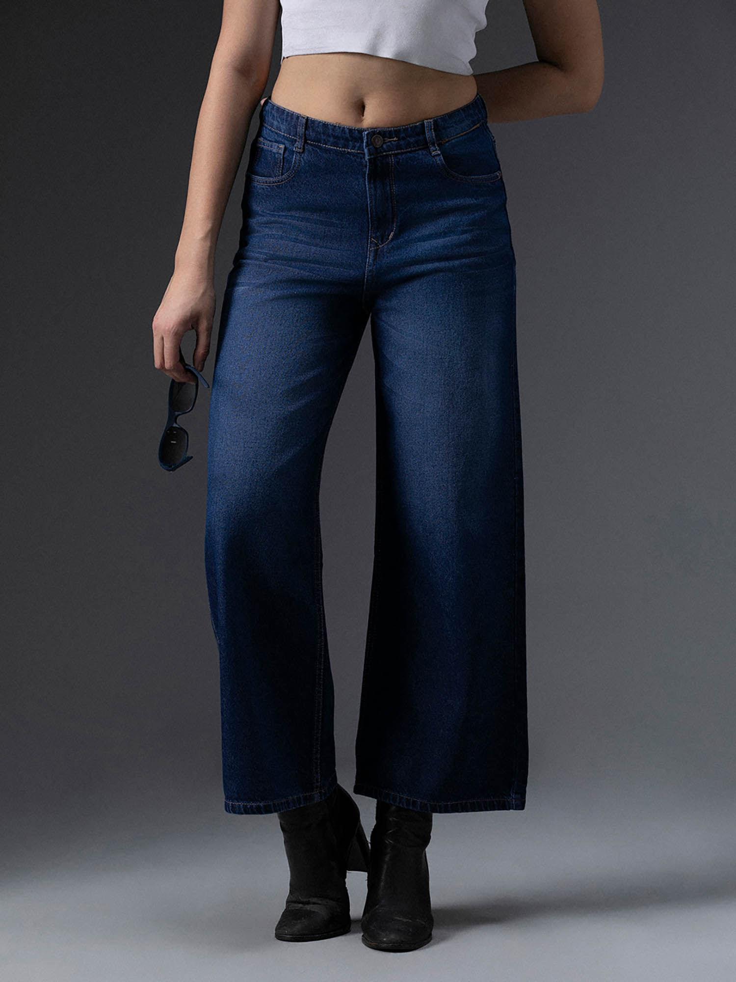 women blue cotton slouchy fit high-rise jeans