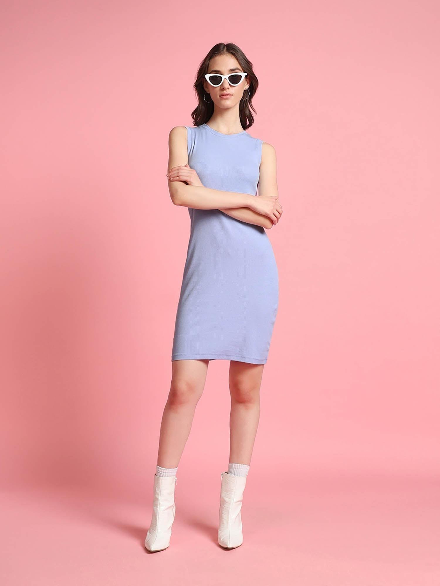 women blue cotton solid mini dress