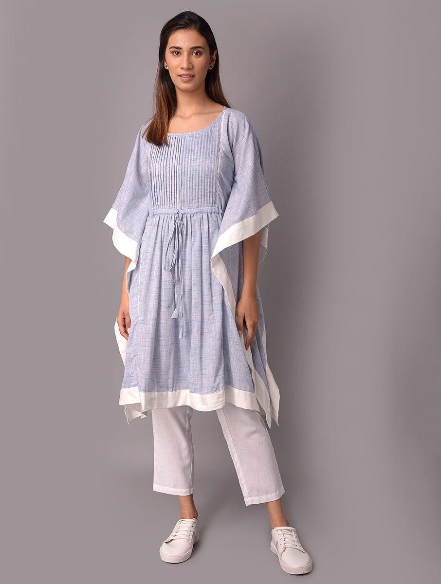 women blue cotton solid round neck kaftan