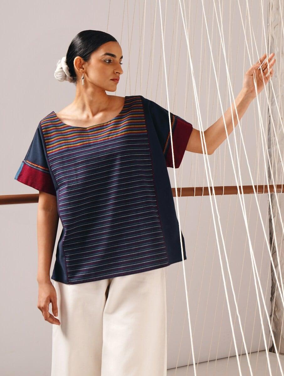 women blue cotton striped round neck regular fit tops