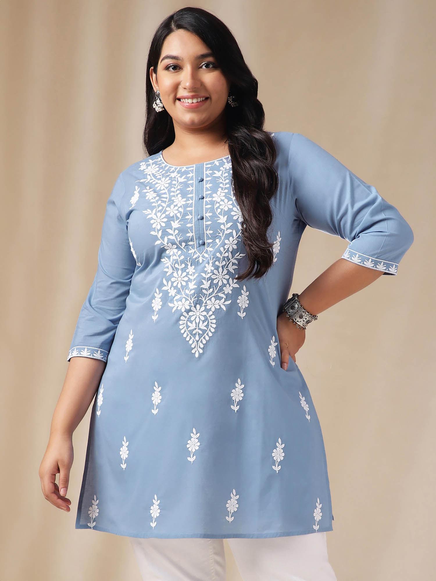 women blue cotton thread work embroidered kurti