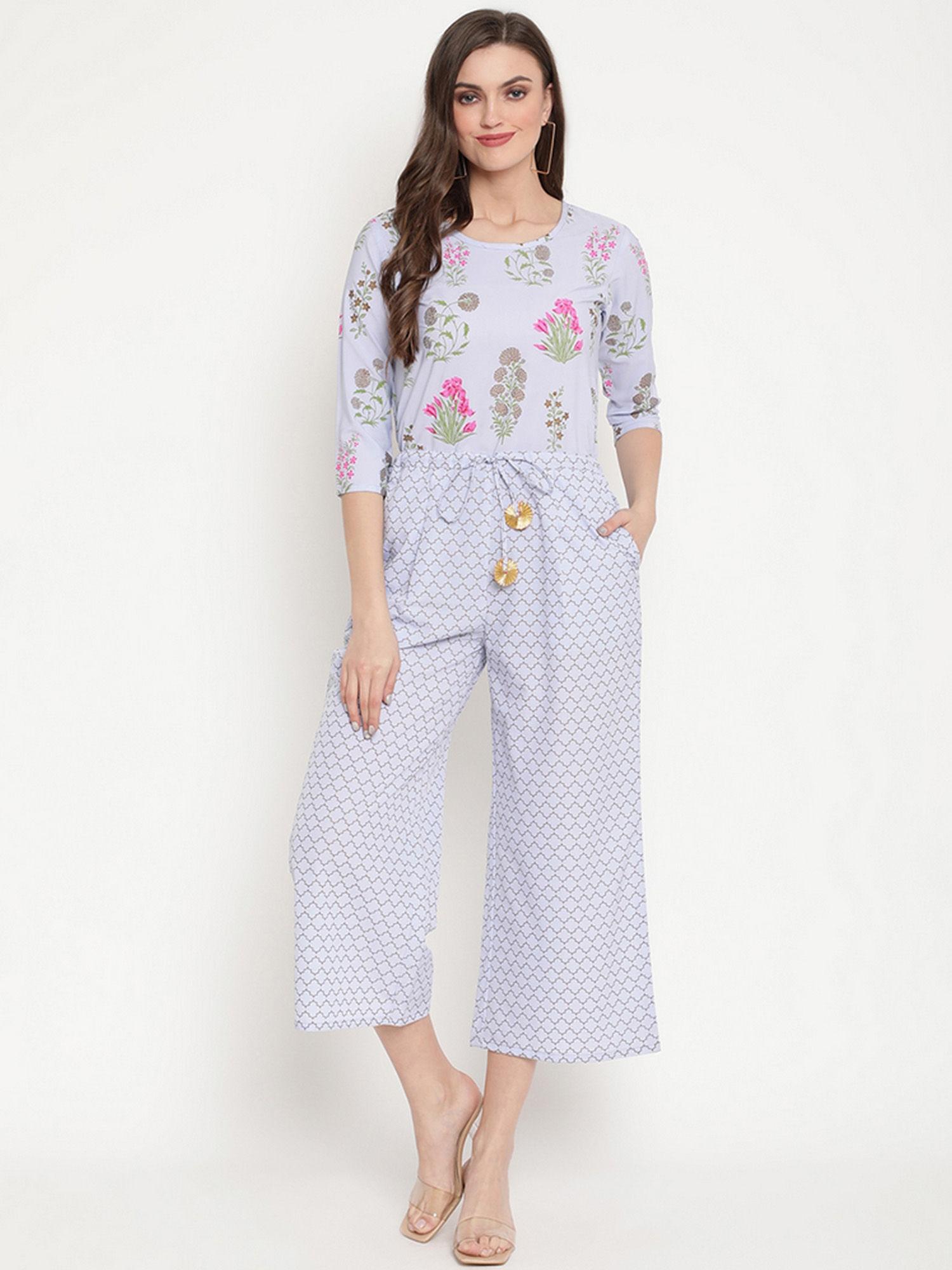 women blue crepe printed jumpsuit