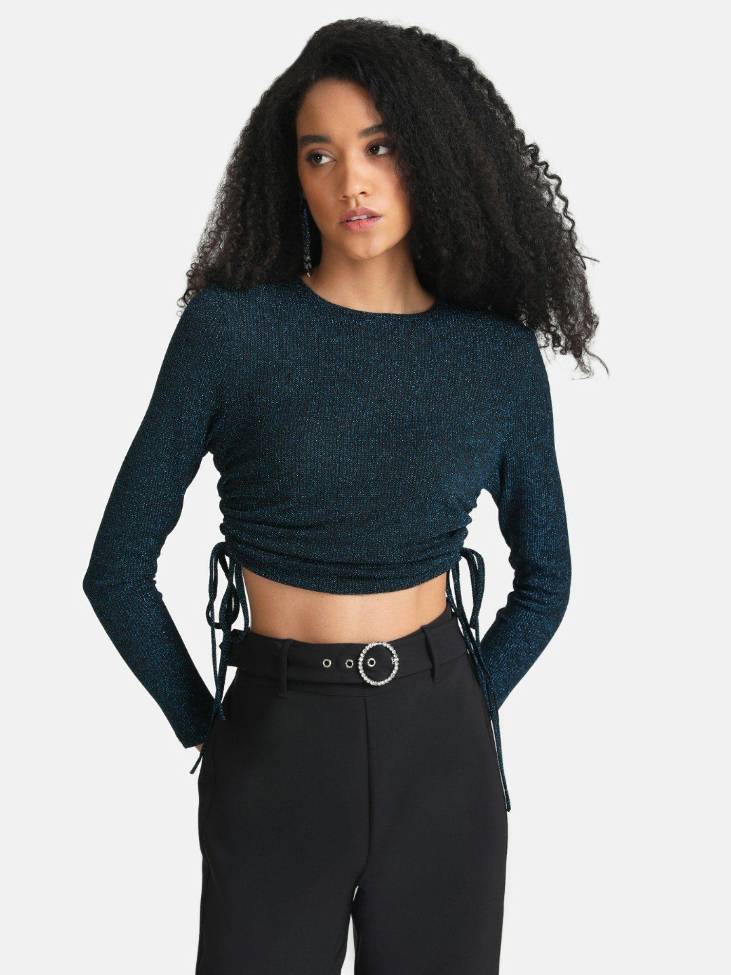 women blue crop top with ruching