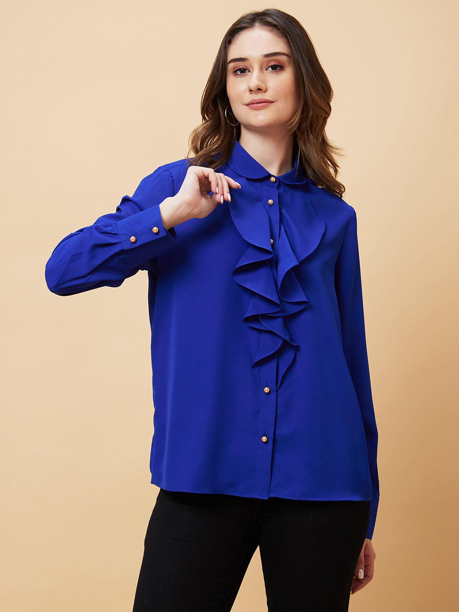 women blue cuffed sleeves ruffles shirt style top