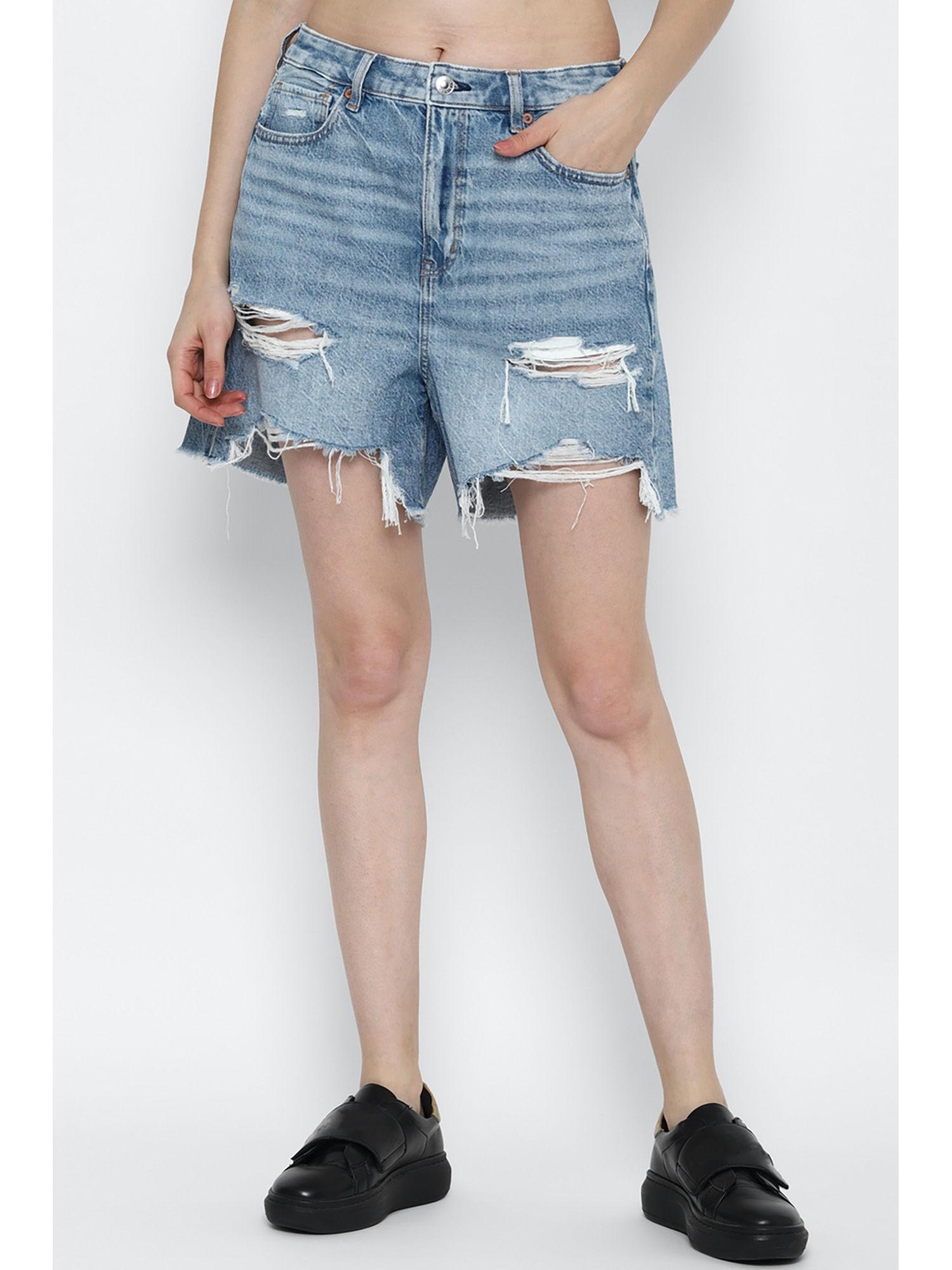 women blue denim baggy mom shorts