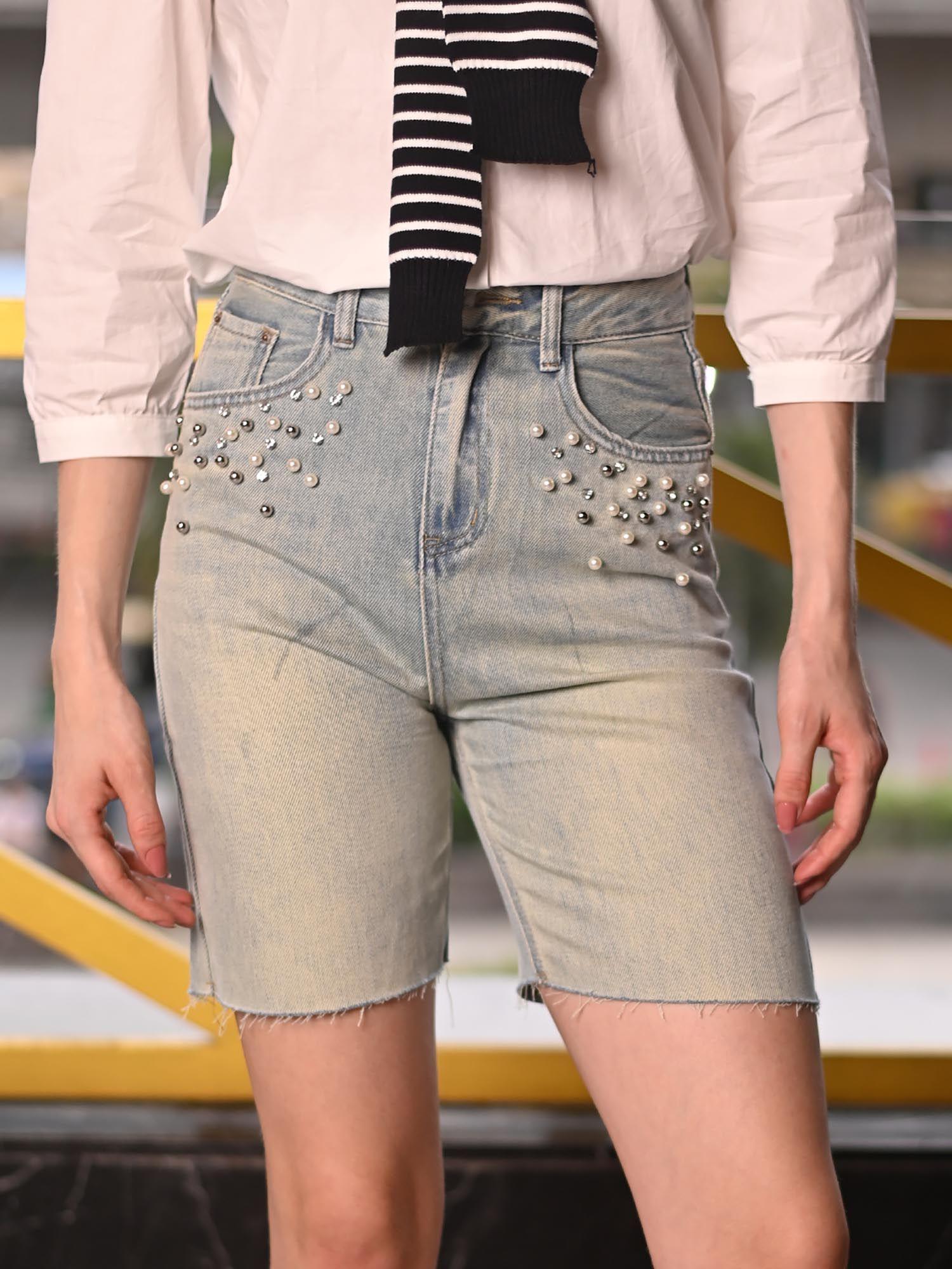 women blue denim embellished shorts