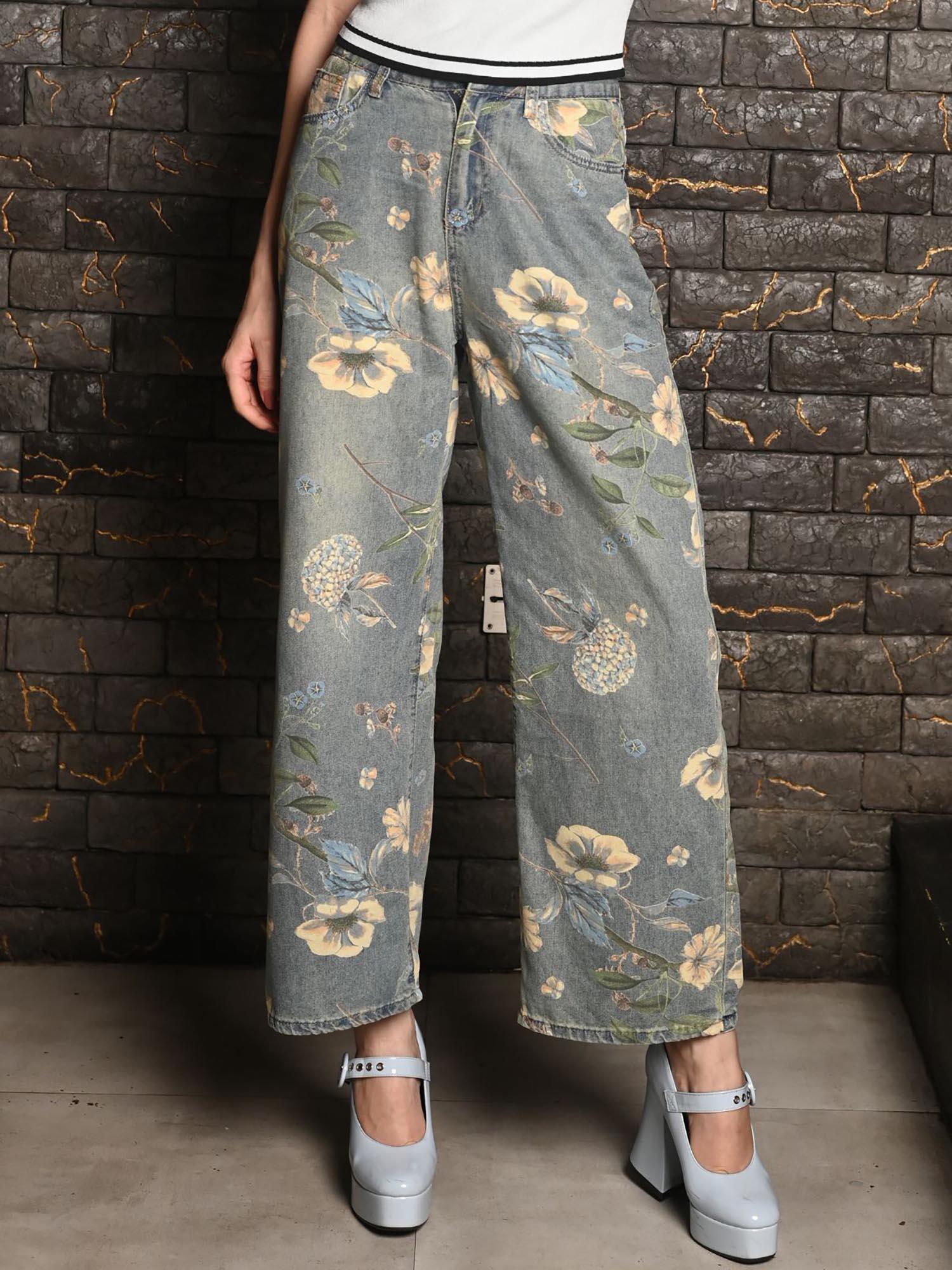 women blue denim floral trouser