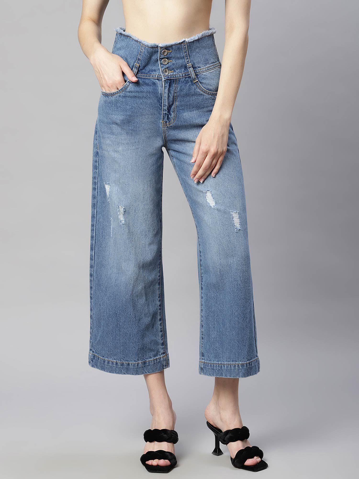 women blue denim plain flared jeans