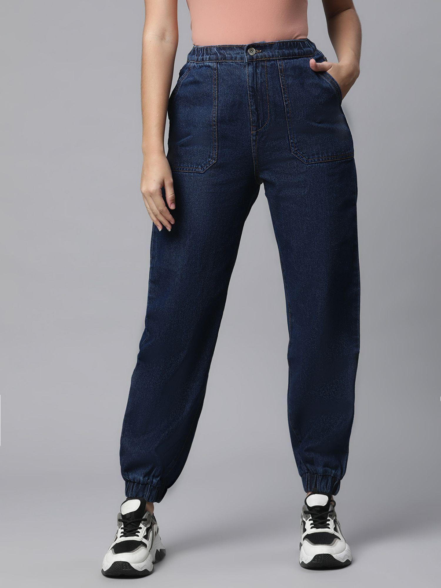 women blue denim solid jeans